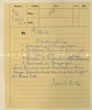 Handschriftlich ausgefüllter Vordruck zur Meldung über den aktuellen Verlauf des Kriegsgeschehens; Arbeitsmeldung des 6./Regiments 66 an das II./Regiment 66