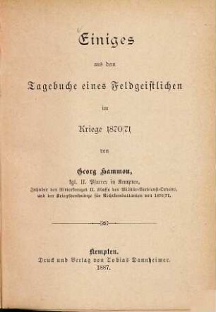 Einiges aus dem Tagebuche eines Feldgeistlichen im Kriege 1870/71