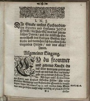 Allgemeiner Eingang; Leichen-Text; Sonderbahrer Eingang; Abhandlung.