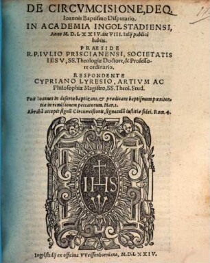 De circumcisione deque Ioannis baptismo disputatio