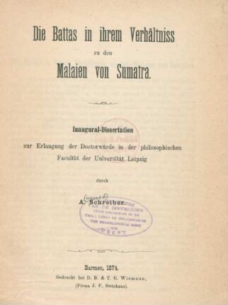 Die Battas in ihrem Verhältniss zu den Malaien von Sumatra