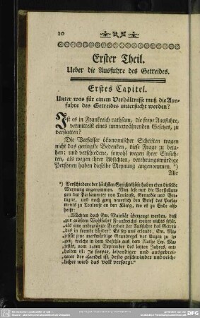 Erster Theil. Ueber die Ausfuhre des Getreides