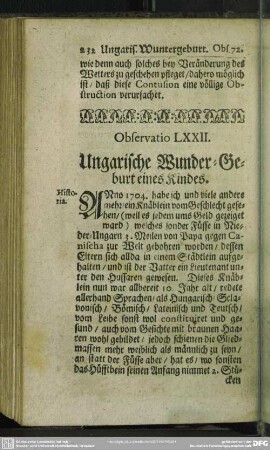 Observatio LXXII. Ungarische Wunder-Geburt eines Kindes