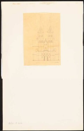 St. Kastor, Koblenz: Aufriss der Turmfront, Maßstabsleiste (Rheinl. Fuß)