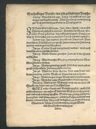 Wahrhafftiger Bericht/ der jetzt gefündenen Propheceyung ...