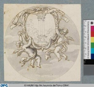 Emblem mit Säulen von zwei Putten getragen