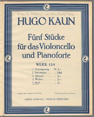 Fünf Stücke für das Violoncello und Pianoforte, Werk 124. 5, Idyll : Werk 124 No. 5