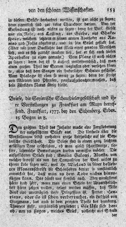 Briefe, die Seylerische Gesellschaft und ihre Vorstellungen zu Frankfurt am Mayn betreffend.
