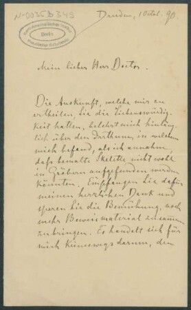 01. Oktober 1890, Dresden [Brief von Alphons Stübel an Max Uhle]