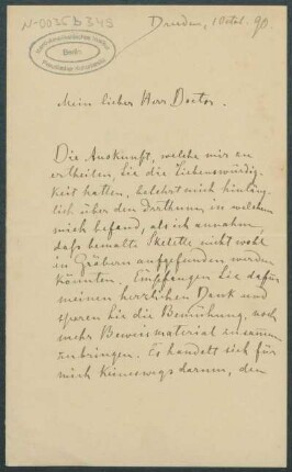01. Oktober 1890, Dresden [Brief von Alphons Stübel an Max Uhle]