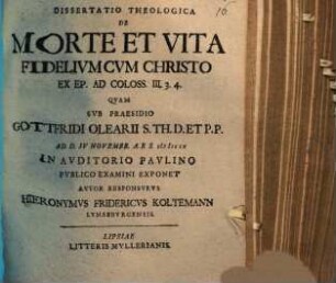 Diss. theol. de morte et vita fidelium cum Christo