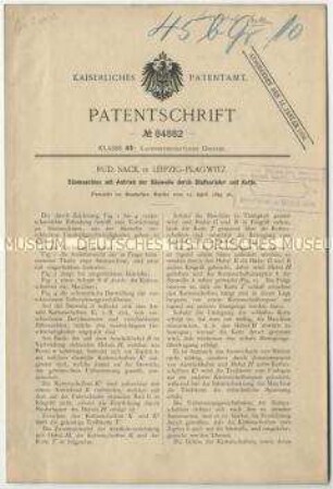 Patentschrift einer Sämaschine mit Antrieb der Säwelle durch Stufenräder und Kette, Patent-Nr. 84882