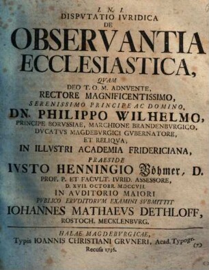 Dispvtatio Ivridica De Observantia Ecclesiastica