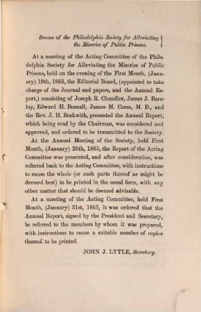 The journal of prison discipline and philanthropy : publ. annually under the dir. of the Philadelphia Society for Alleviating the Miseries of Public Prisons. 4. 1865, Jan.