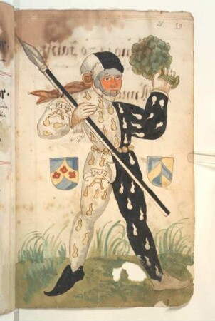 Schembartläufer (Schriftrolle auf Kostüm mit Datum: 1469) mit Wappen, 1469