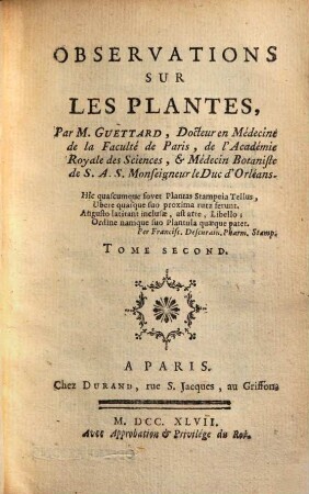 Observations sur les plantes, 2. (1747). - 464 S.