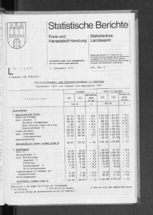 Steueraufkommen und Steuereinnahmen in Hamburg September 1971 und Januar bis September 1971 : Lfd. Nr. 9