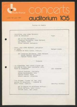 Programmzettel: Concerts auditorium 105, Musique de chambre, 01. Juni 1981