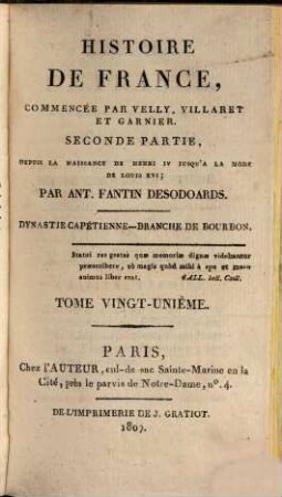 Histoire de France : seconde partie ; depuis la naissance de Henri IV jusqu'a la mort de Louis XVI ; dynastie Capétienne - branche de Valois. 21