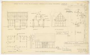 Scheune für die Neubauern Sonia Kloss und B. Sczesny, Klein Eicholz: Längsschnitt, Querschnitt, Ansichten, Grundriss alle M 1:100, Lageplan M 1:500
