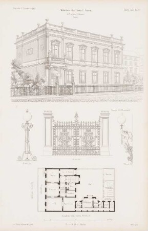 Wohnhaus Louis Gerson, Berlin: Grundriss, Perspektivische Ansicht, Details (aus: Atlas zur Zeitschrift für Bauwesen, hrsg. v. G. Erbkam, Jg. 17, 1867)