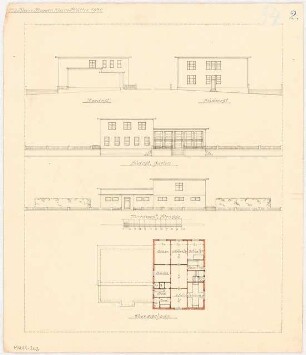 Gymnastikschule am See Monatskonkurrenz Dezember 1932: 2. Variante: Grundriss Obergeschoss; Aufriss Nordostansicht, Nordwestansicht, Südostansicht , Südwestansicht