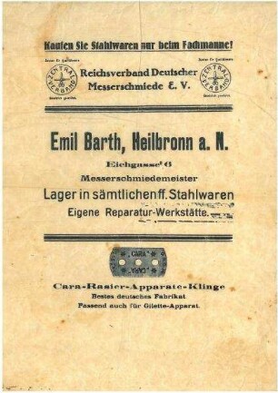 Einwickelpapier mit Aufdruck von Emil Barth, Messerschmiedemeister, Eichgasse 6