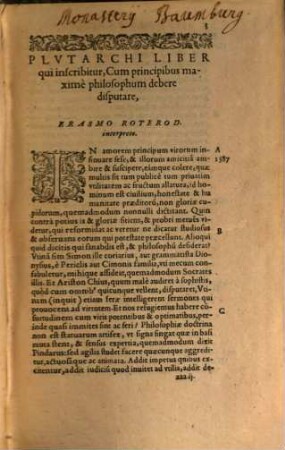 Plutarchi Chaeronensis quae extant opera : Cum Latina interpretatione ; Ex vetustis codicibus plurima nunc primum emendata sunt, ut ex Henrici Stephani Annotationibus intelliges, quibus & suam quorundam libellorum interpretationem adiunxit, [9]. Variorum Plutarchi scriptorum tomus tertius