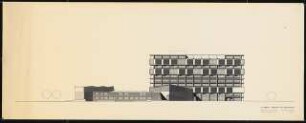 Technische Universität Berlin Architekturgebäude: Ansicht von Osten auf Hochhaus und Flachbau 1:200 (Zeichnung der Architekten)