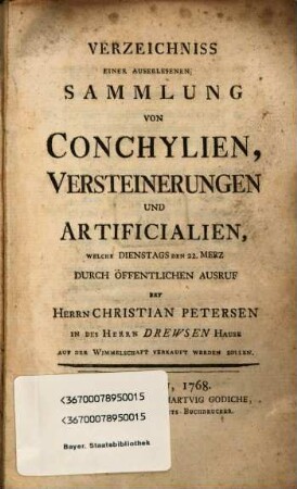 Verzeichniß von Conchylien, Versteinerungen und Artificialien
