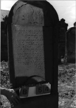 Grabstein 54 (Index: 99798220) Material: Sandstein, rot Zustand: stark verwittert Maße HxBxT: 125x60x14 cm Beschreibung: Stele, eingezogener Rundbogenabschluß Symbolik: Levitenkanne: Grabstein 54B
