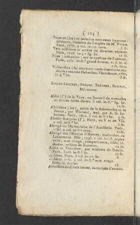 Belles-Lettres, Poésies, Théatre, Romans, Mélanges.
