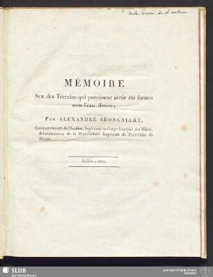 Mémoire Sur des Terrains, qui paroissent avoir été formés sous l'eau douce