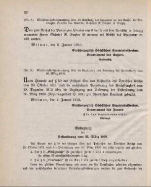 Nr. 9: Ministerialbekanntmachung über die Ergänzung und Änderung der Postordnung vom 20. März 1900