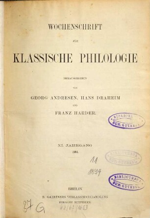 Wochenschrift für klassische Philologie, 11. 1894