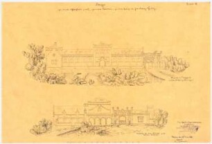 Schloss Graetz bei Troppau Umbau: neuer Marstall, Remise, Torbau: Aufriss Westseite (zum Berghang), Südseite (zum Schloss), Maßstabsleiste