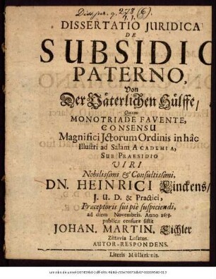 Dissertatio Iuridica De Subsidio Paterno, Von Der Väterlichen Hülffe