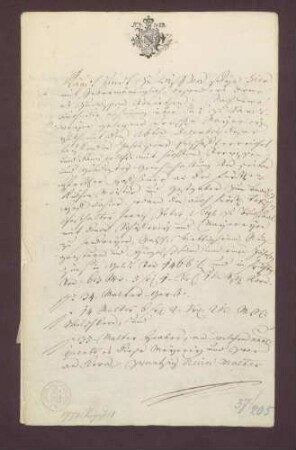 Erblehenbrief der Markgräfin Franziska Sibylla Augusta von Baden-Baden über die herrschaftliche Mahlmühle zu Sandweier für den Schultheißen Johann Wilhelm Schmalholz zu Sandweier