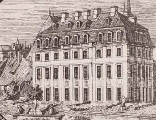 Dresden, Sophienstraße 7, Ecke Postplatz, Wohnhaus des Landschreibers Adam, Ansicht. Ausschnitt aus dem Kupferstich: Die ehemaligen Festungswerke zu Dresden (Das Wilsche Tor)