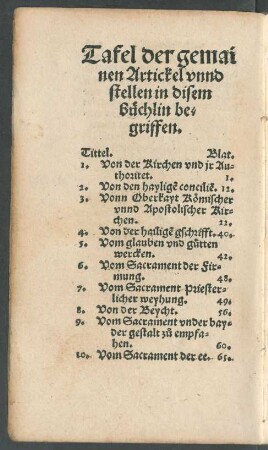 Tafel der gemainen Artickel unnd stellen in disem büchlin begriffen.