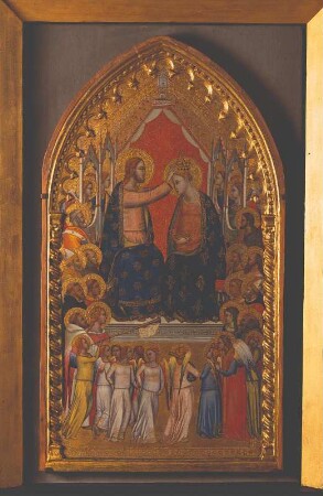 Krönung Marias mit Engeln und Heiligen : Puccio di Simone (Meister des Fabriano-Altares): Krönung Marias mit Engeln und Heiligen. Mittelbild eines Altars. Florenz, um 1340/1345. Tempera auf Pappelholz; 63 x 32 cm (Bild). Altenburg: Lindenau-Museum, Gemäldesammlung 16