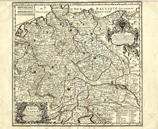 Carte De L'Empire D'Alemagne : A Monsieur Monsieur de St. Laurens, Conseiller du Roy en ses Conseils, et Introducteur des Ambassadeurs, et Princes Estrangers prés Monsieur Fils de France, Duc d'Orleans, Frere unique de Roy, par son tres-humble et tres-obeissant serviteur. P. Duval Geographe du Roy.