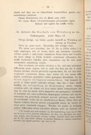24. Antwort des Bischofs von Würzburg an das Stiftskapitel. 1630 März 17.