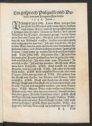 Ein gesprech Pasquilli und Vadisci/ von den Kriegsleufften dieses 1546. Jares.
