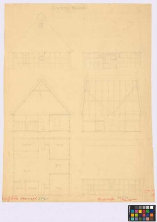 Fischerhude ([Landkreis Achim]): Bauernhaus Querhaus. Haupthaus (drei Ansichten, Querschnitt, Längsschnitt, Grundriss)