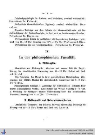 IV. In der philosophischen Facultät.
