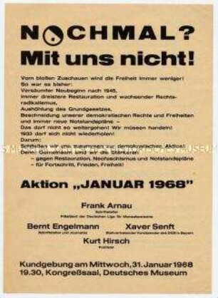 Flugzettel mit Kundgebungsaufruf der Aktion "Januar 1968" gegen Notstandsgesetze und Neofaschismus