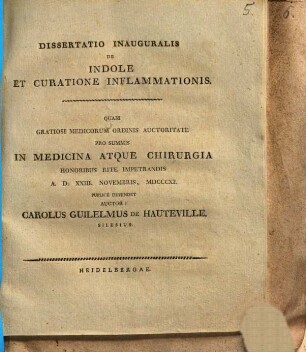 Diss. inaug. de indole et curatione inflammationis