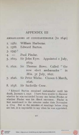 Appendix III: Ambassadors at Constantinople (to 1640)
