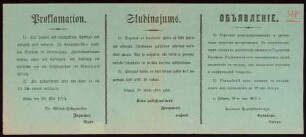 "Proklamation." Verbot des Handelns mit Spiritus und Festlegung der Polizeistunde